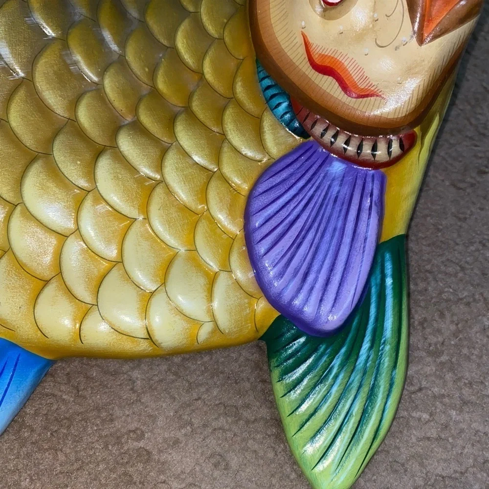 Vtg Tonala Mexico Hand Painted Ceramic Tropical Fish Wall Decor Signed E Alvarez